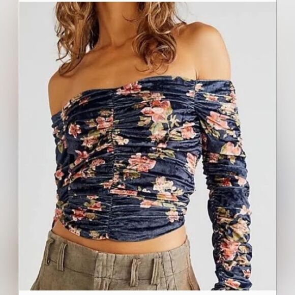Free People Tops - Free People  Reina Top, Floral Velvet Ruched Off Shoulder size M